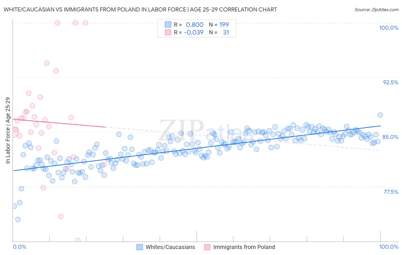 White/Caucasian vs Immigrants from Poland In Labor Force | Age 25-29