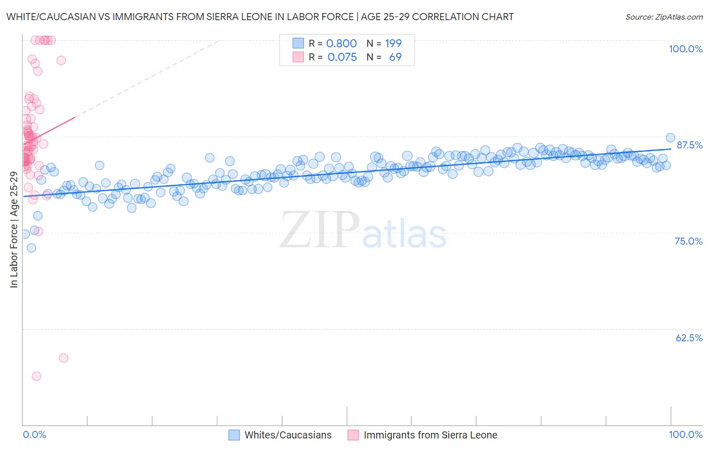 White/Caucasian vs Immigrants from Sierra Leone In Labor Force | Age 25-29