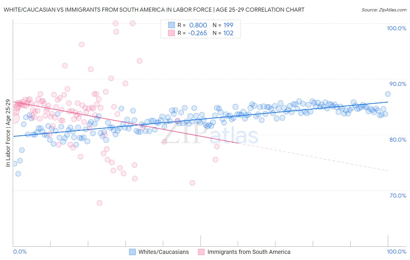 White/Caucasian vs Immigrants from South America In Labor Force | Age 25-29