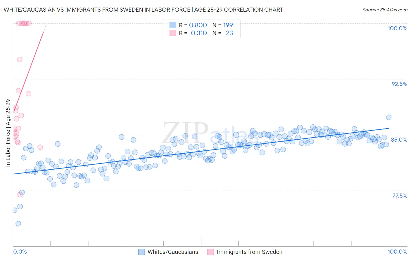 White/Caucasian vs Immigrants from Sweden In Labor Force | Age 25-29