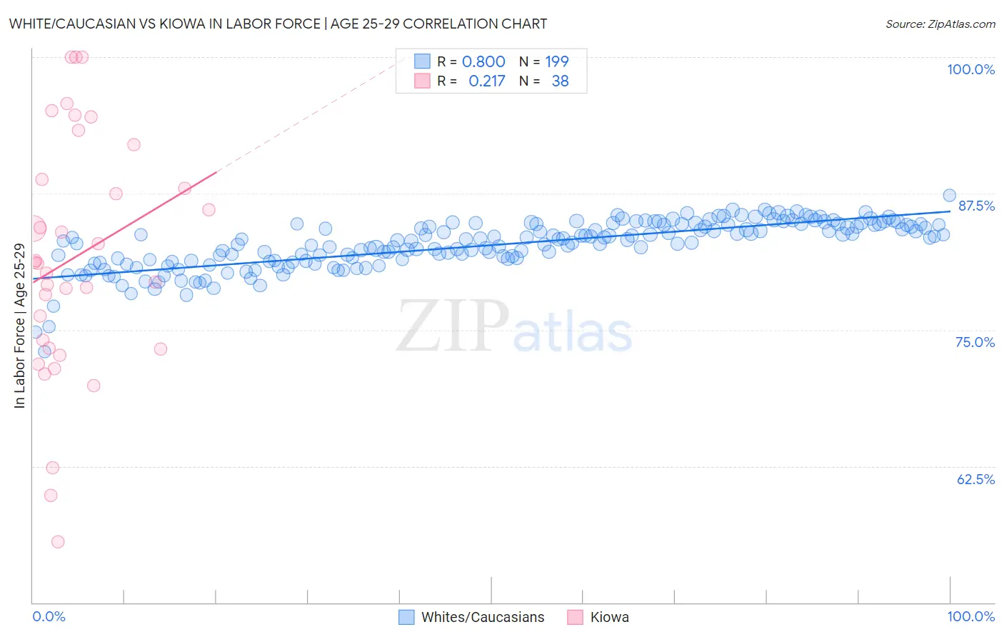 White/Caucasian vs Kiowa In Labor Force | Age 25-29