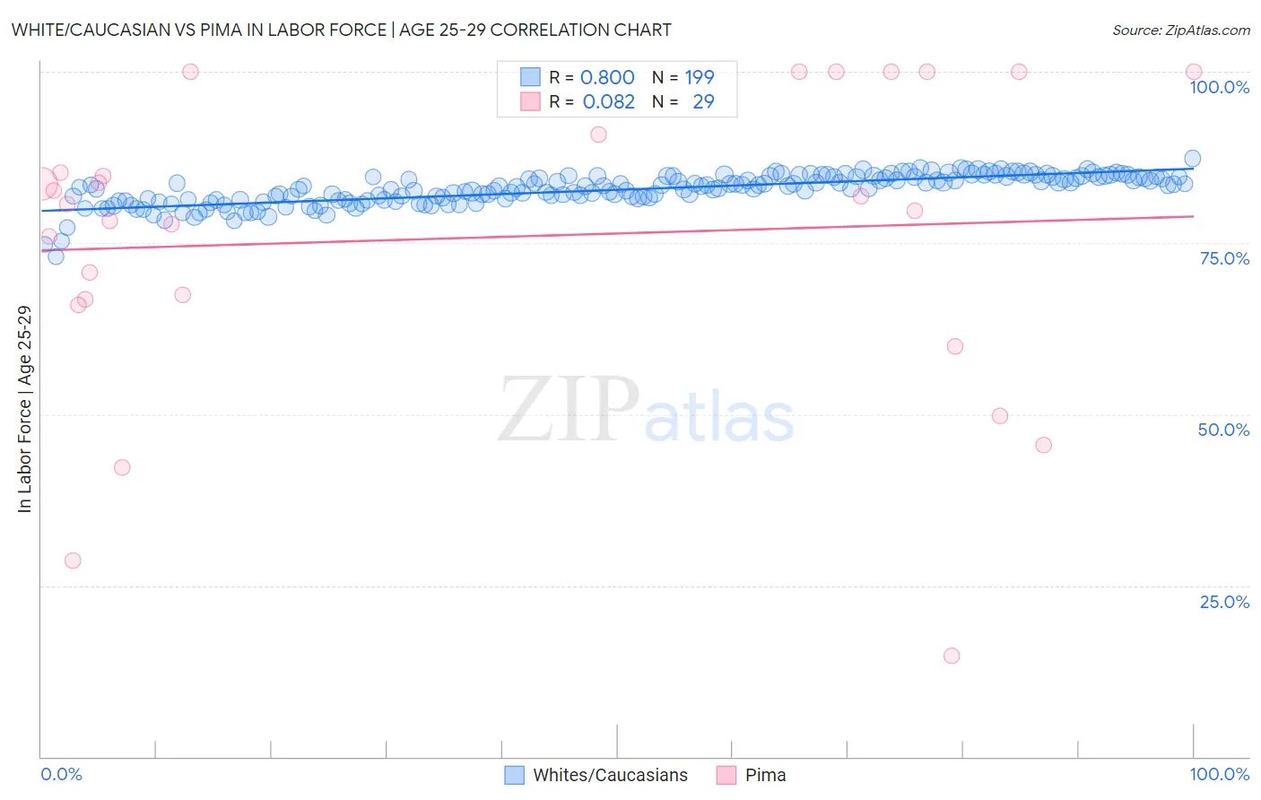 White/Caucasian vs Pima In Labor Force | Age 25-29