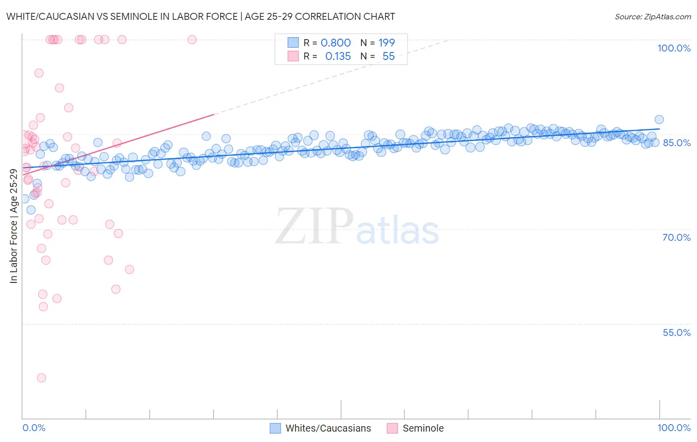 White/Caucasian vs Seminole In Labor Force | Age 25-29