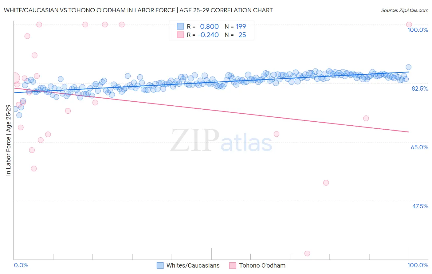 White/Caucasian vs Tohono O'odham In Labor Force | Age 25-29