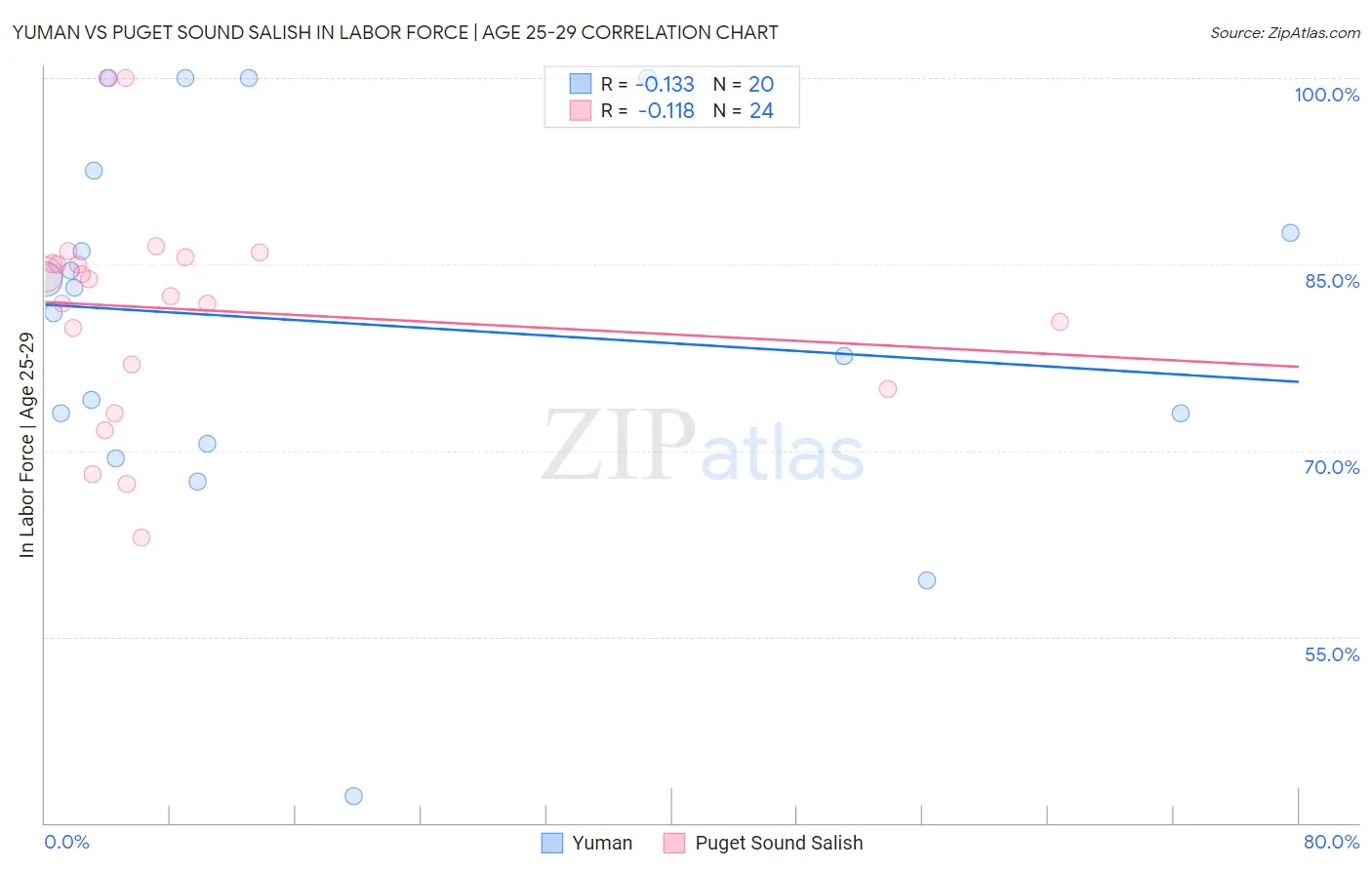 Yuman vs Puget Sound Salish In Labor Force | Age 25-29