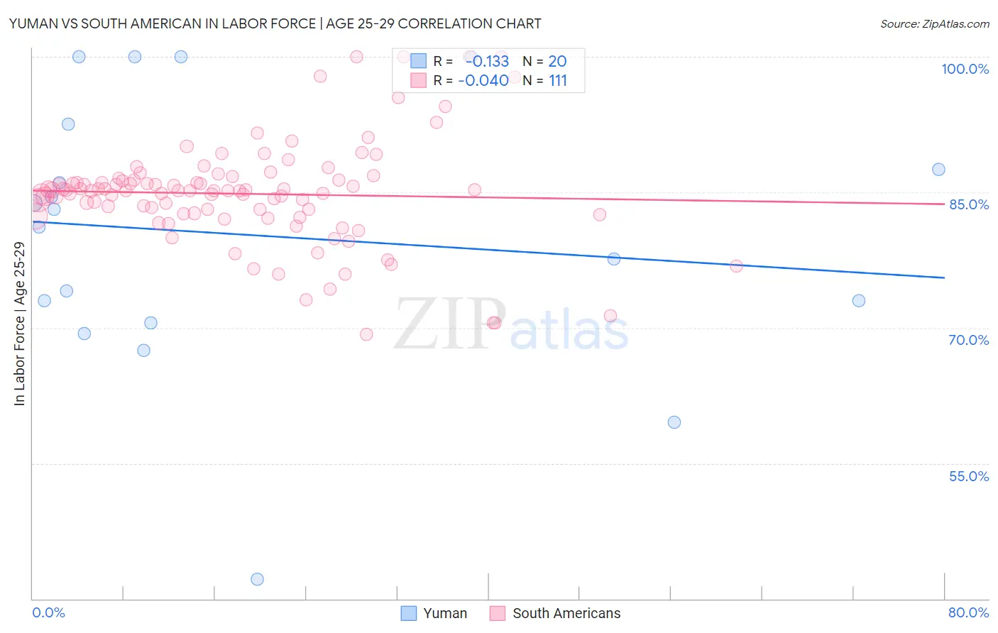 Yuman vs South American In Labor Force | Age 25-29