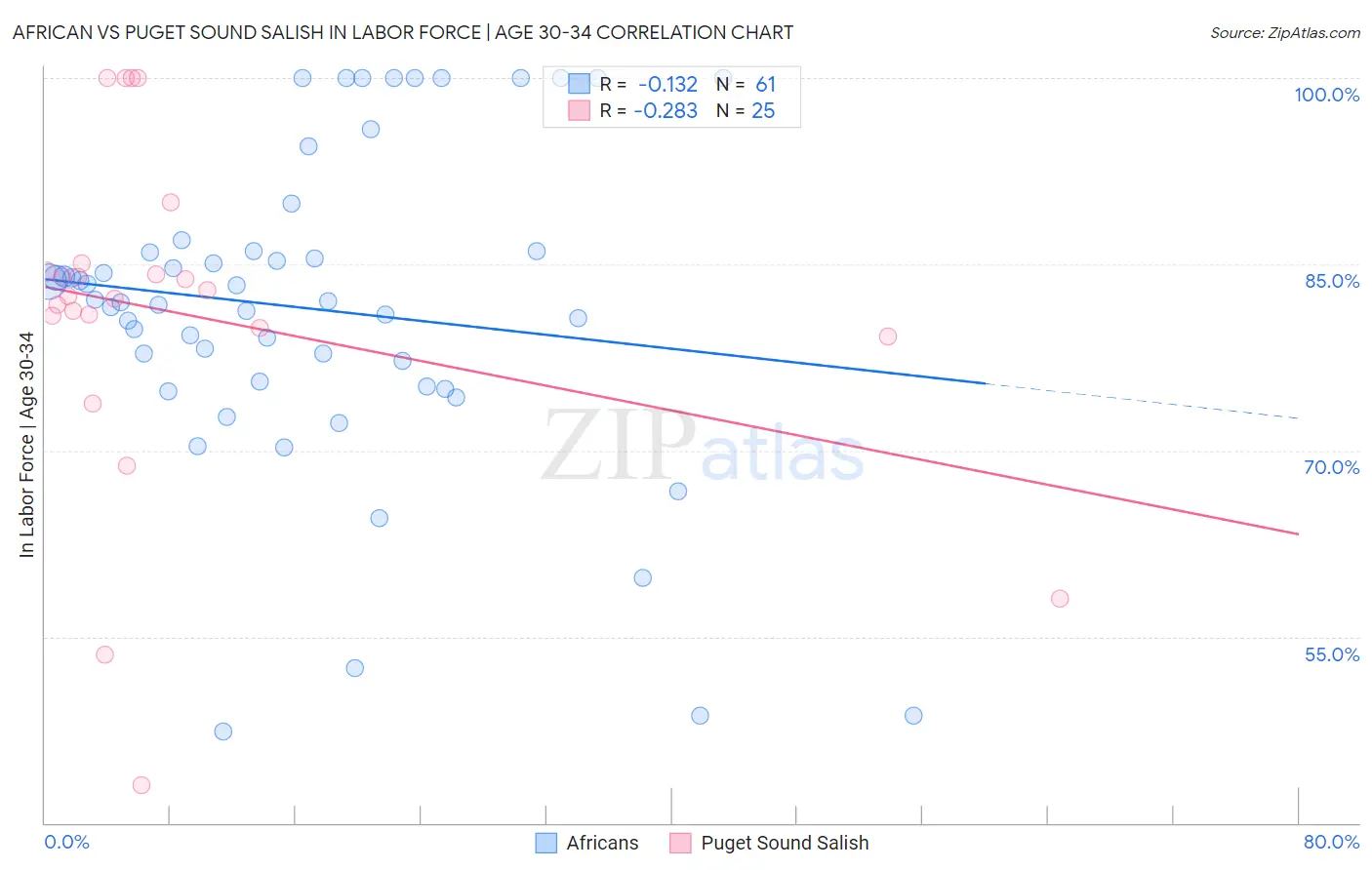 African vs Puget Sound Salish In Labor Force | Age 30-34