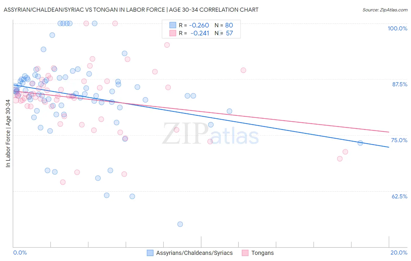 Assyrian/Chaldean/Syriac vs Tongan In Labor Force | Age 30-34