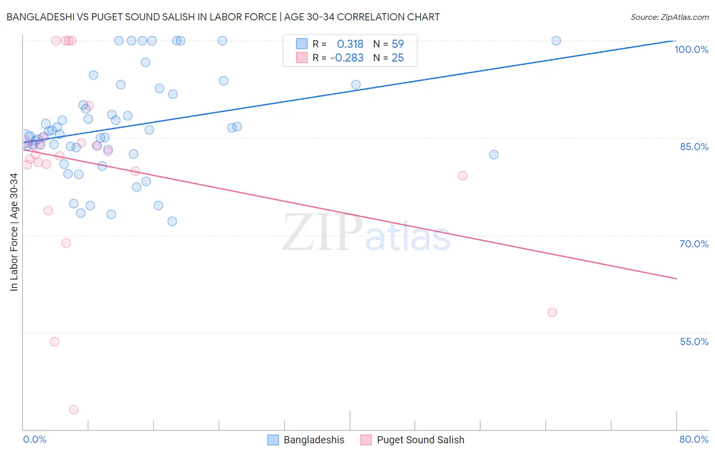 Bangladeshi vs Puget Sound Salish In Labor Force | Age 30-34