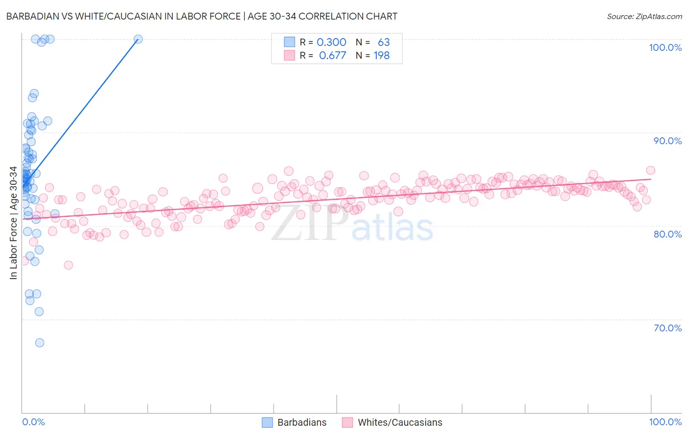 Barbadian vs White/Caucasian In Labor Force | Age 30-34