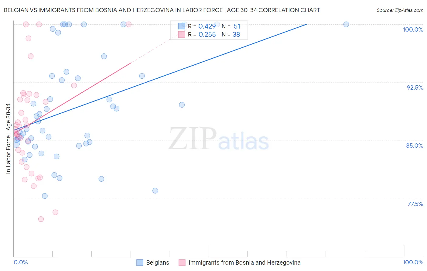 Belgian vs Immigrants from Bosnia and Herzegovina In Labor Force | Age 30-34