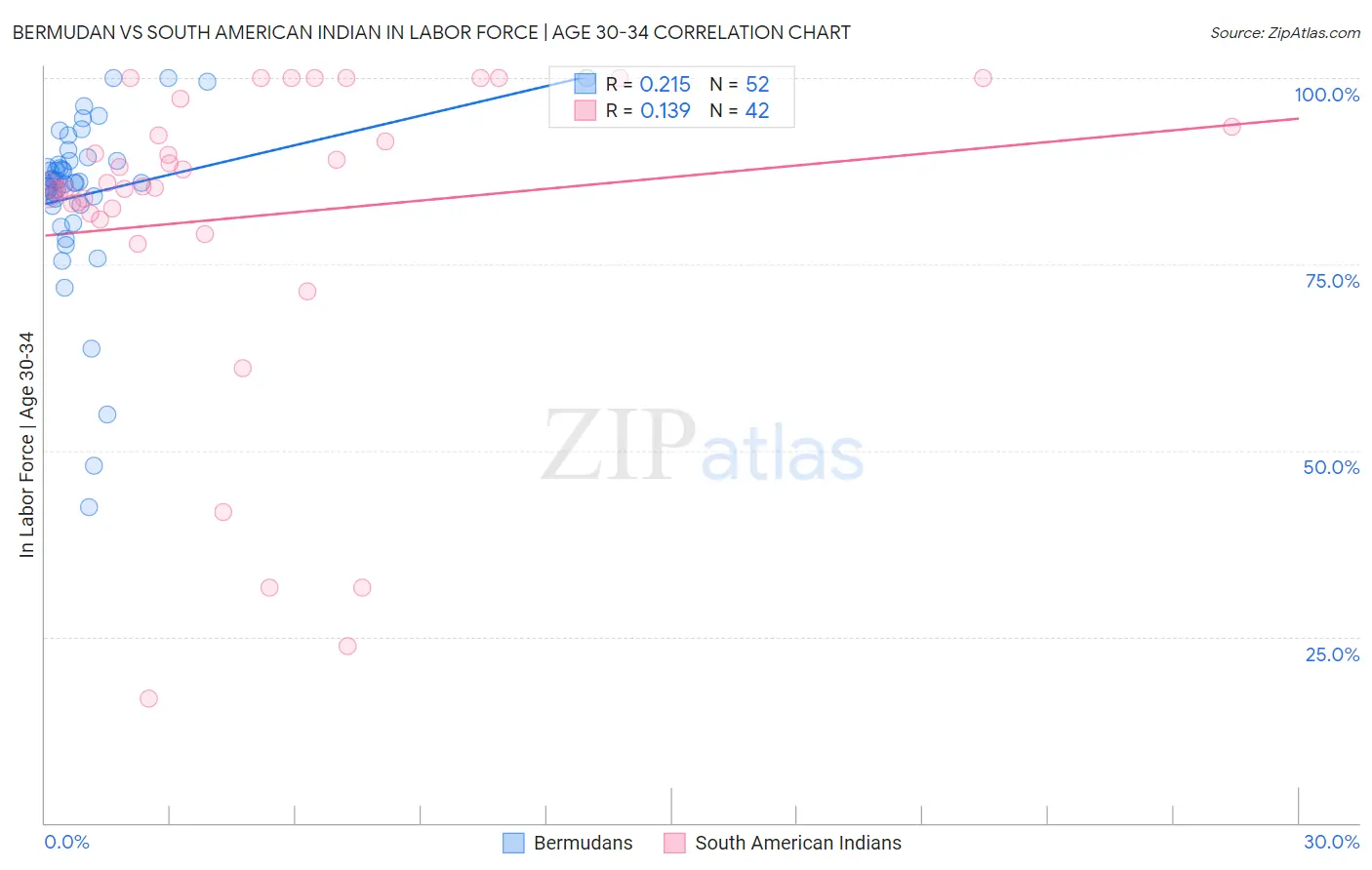 Bermudan vs South American Indian In Labor Force | Age 30-34