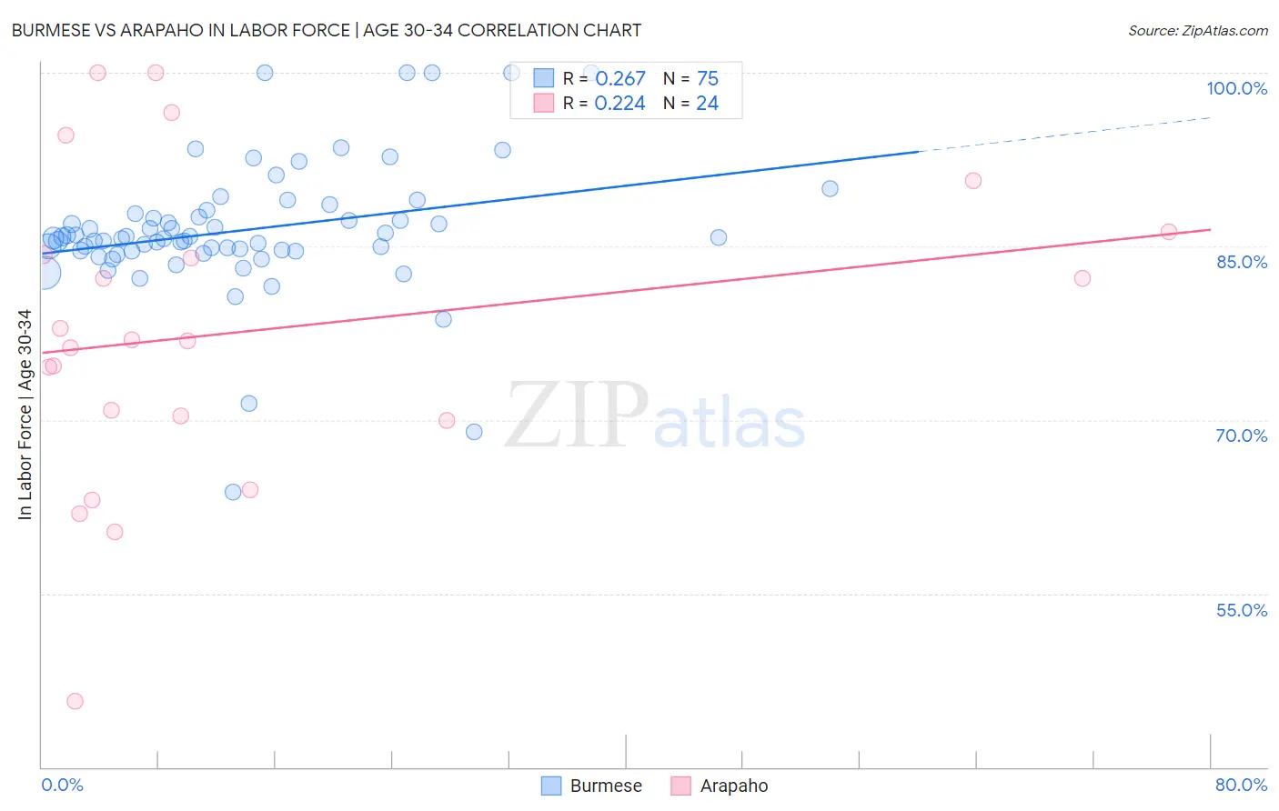 Burmese vs Arapaho In Labor Force | Age 30-34
