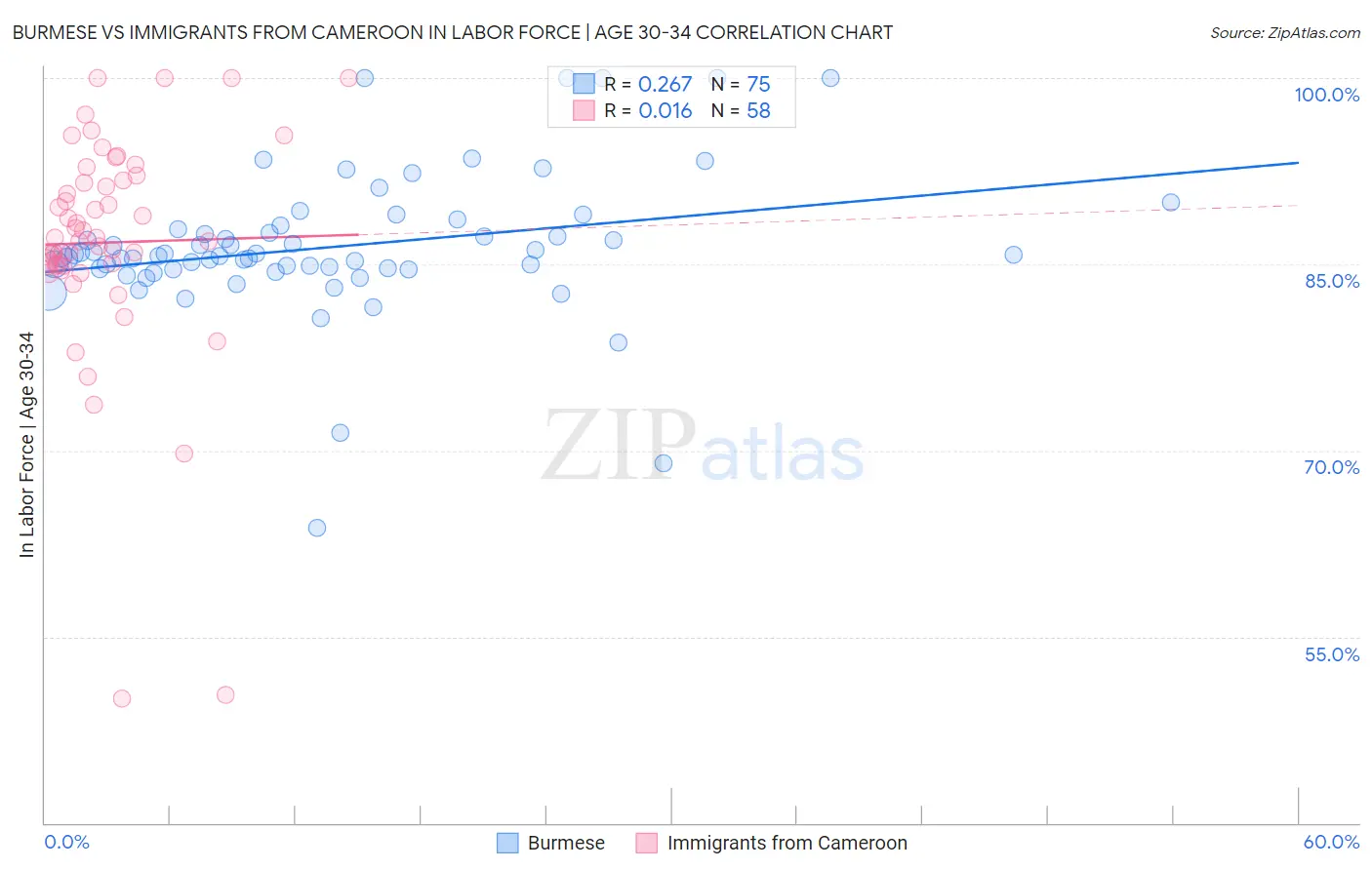 Burmese vs Immigrants from Cameroon In Labor Force | Age 30-34