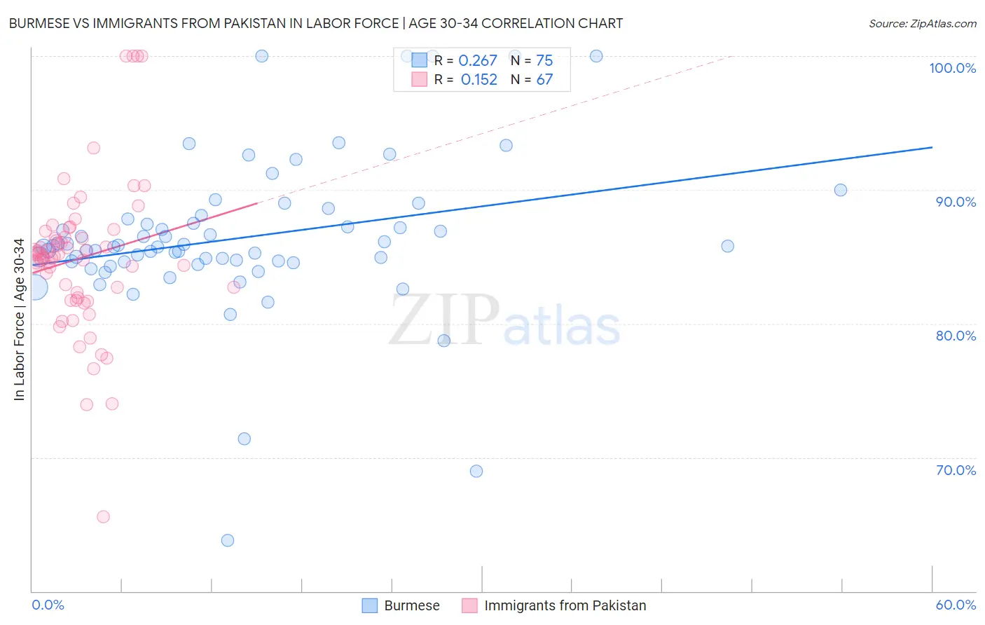 Burmese vs Immigrants from Pakistan In Labor Force | Age 30-34