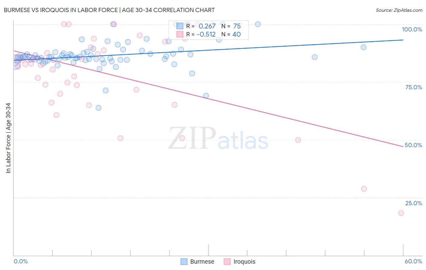 Burmese vs Iroquois In Labor Force | Age 30-34