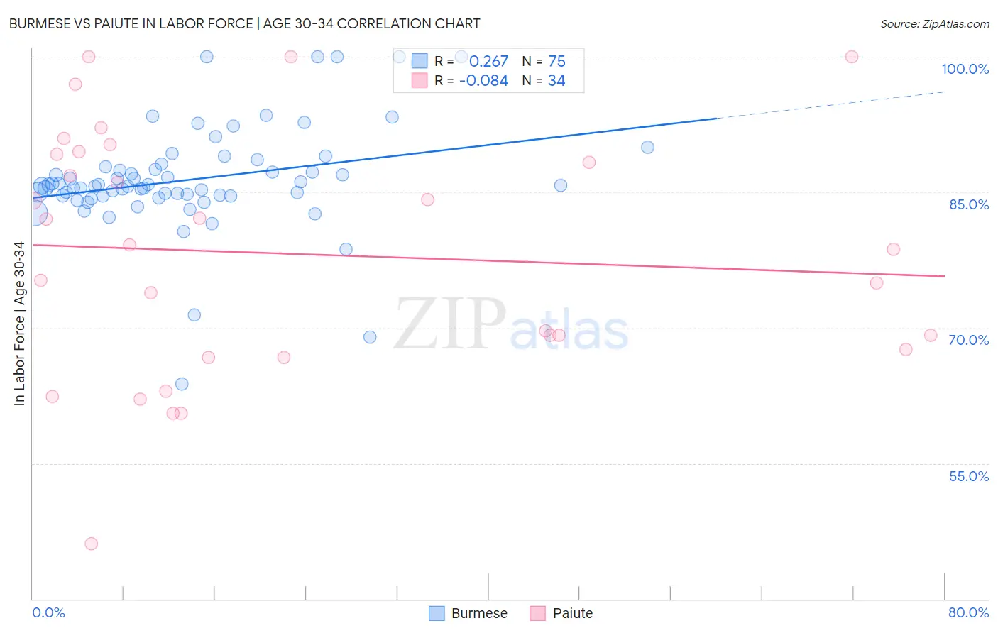 Burmese vs Paiute In Labor Force | Age 30-34