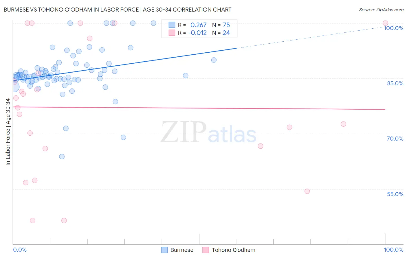 Burmese vs Tohono O'odham In Labor Force | Age 30-34