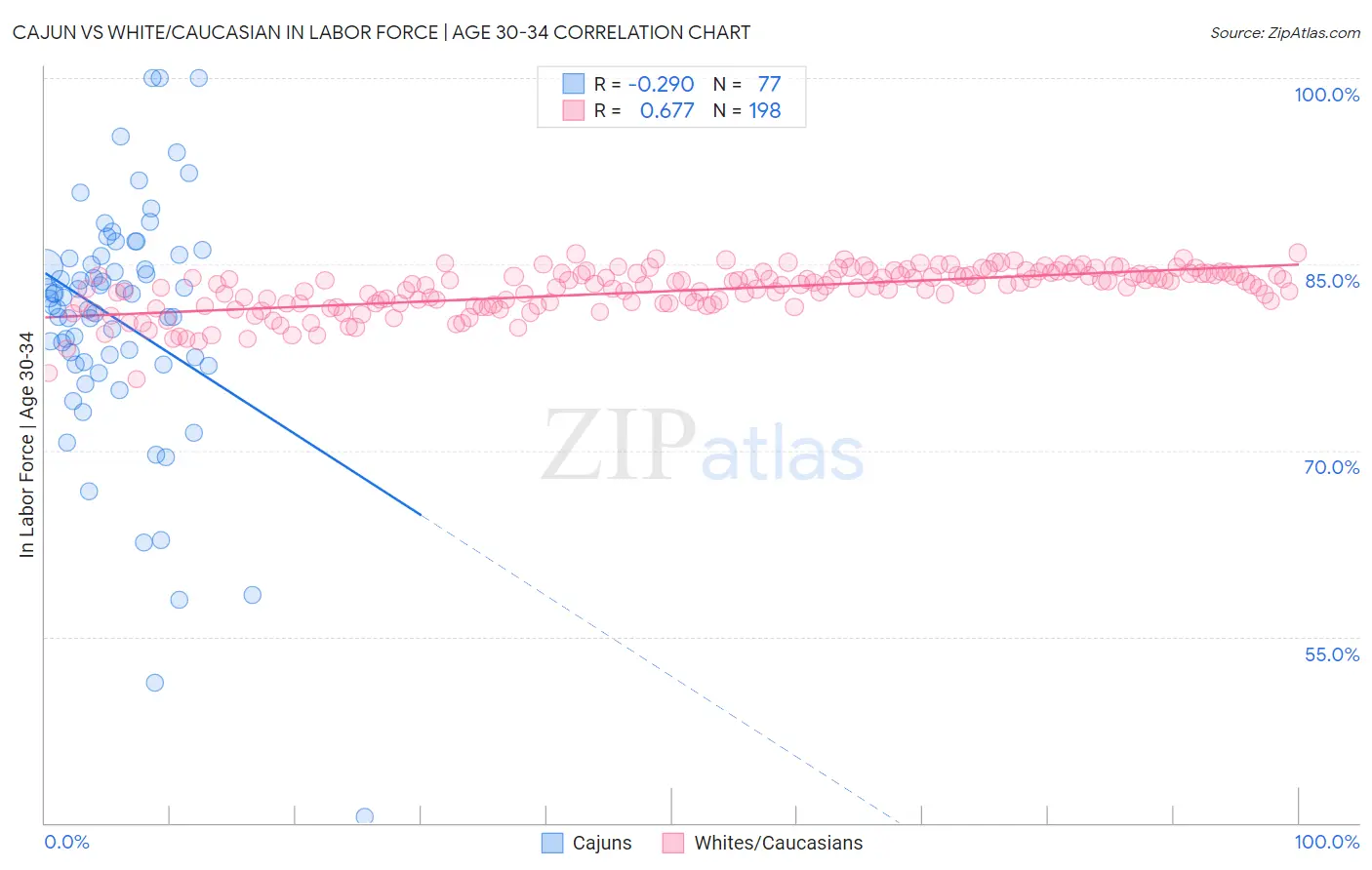 Cajun vs White/Caucasian In Labor Force | Age 30-34