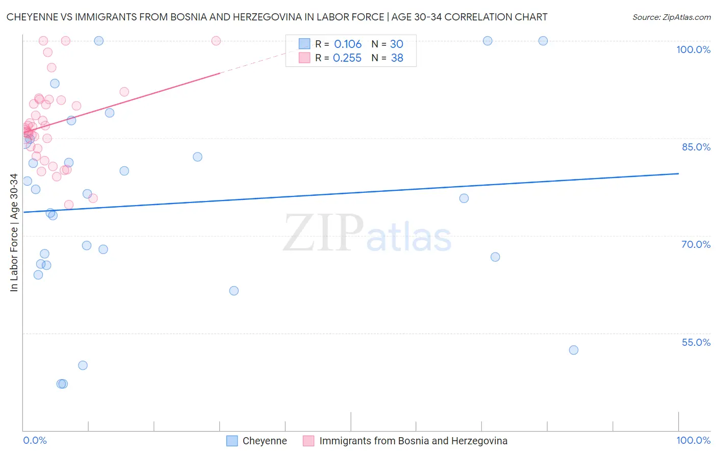 Cheyenne vs Immigrants from Bosnia and Herzegovina In Labor Force | Age 30-34