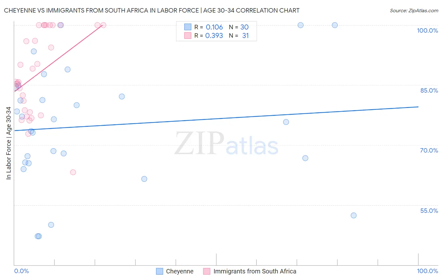 Cheyenne vs Immigrants from South Africa In Labor Force | Age 30-34