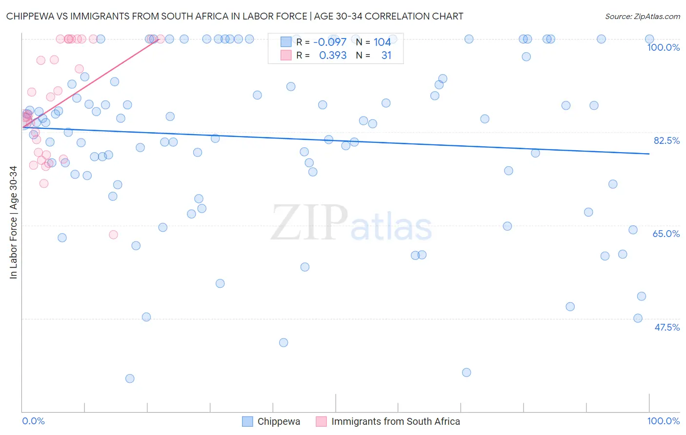 Chippewa vs Immigrants from South Africa In Labor Force | Age 30-34