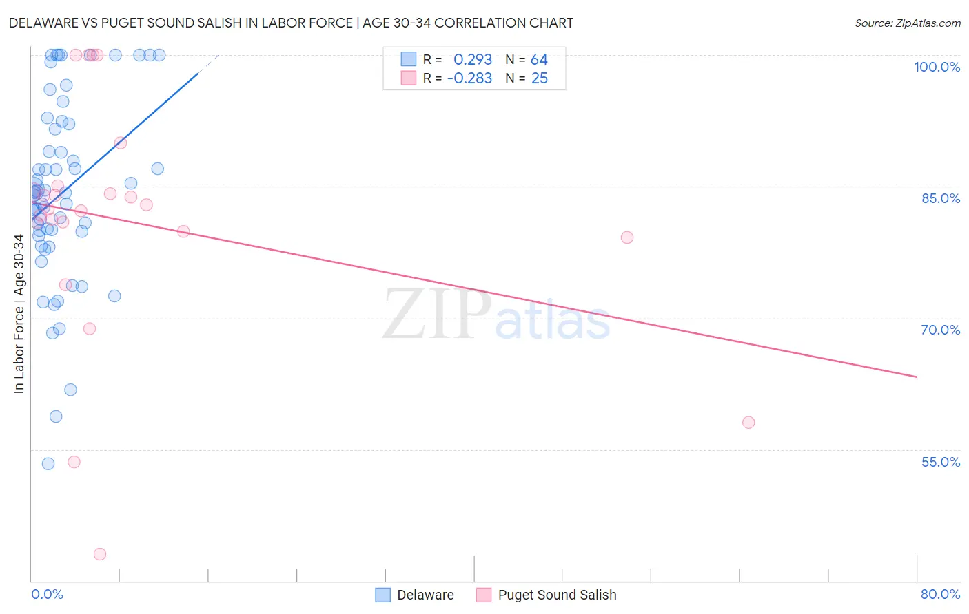 Delaware vs Puget Sound Salish In Labor Force | Age 30-34