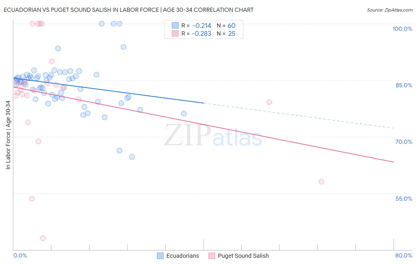 Ecuadorian vs Puget Sound Salish In Labor Force | Age 30-34