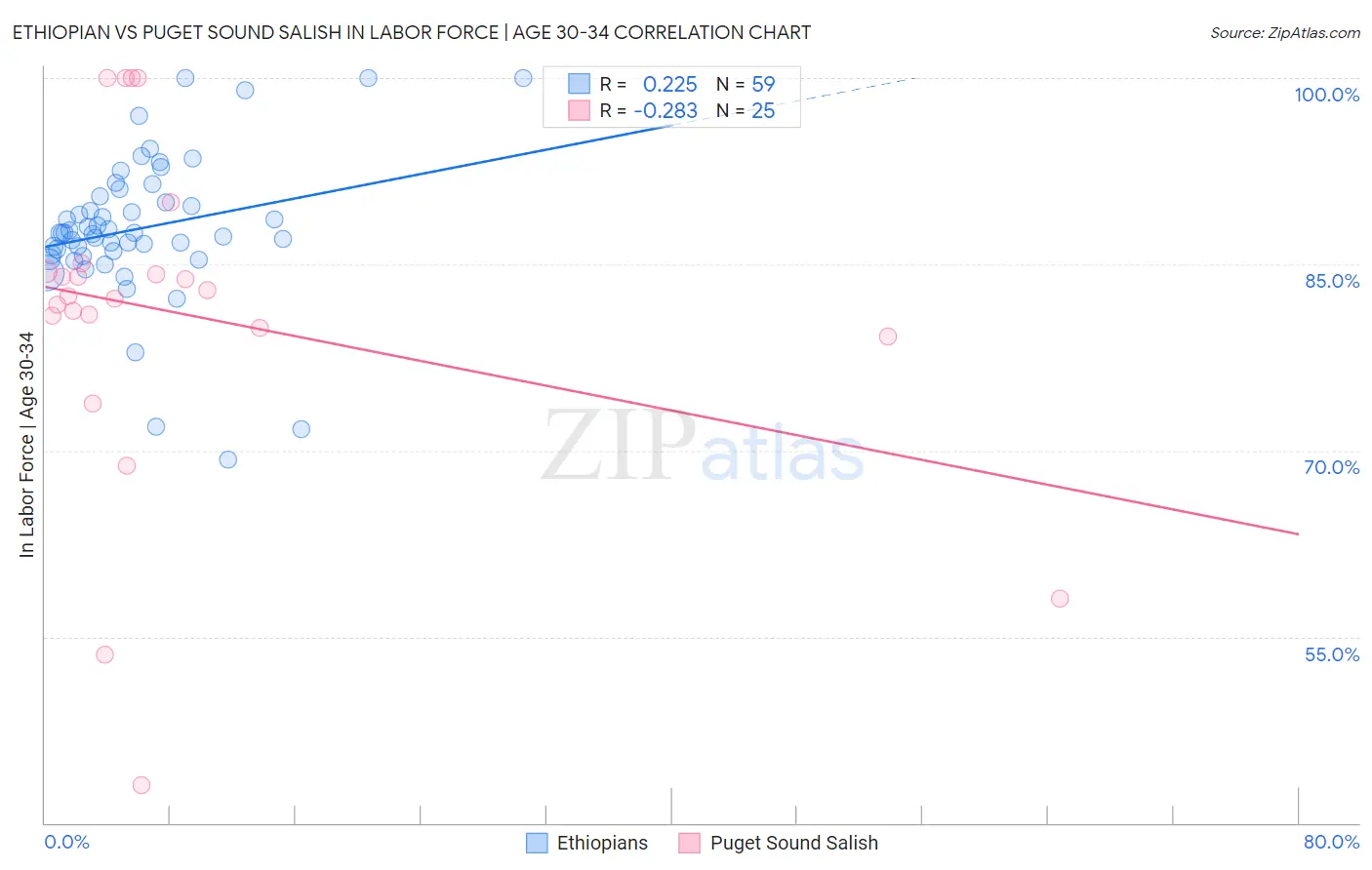 Ethiopian vs Puget Sound Salish In Labor Force | Age 30-34