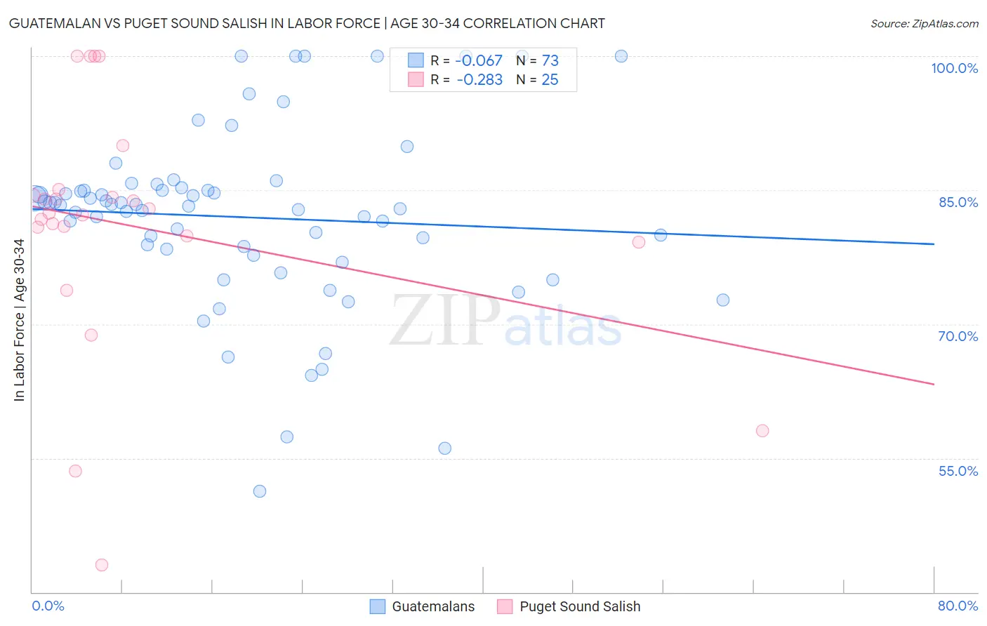 Guatemalan vs Puget Sound Salish In Labor Force | Age 30-34