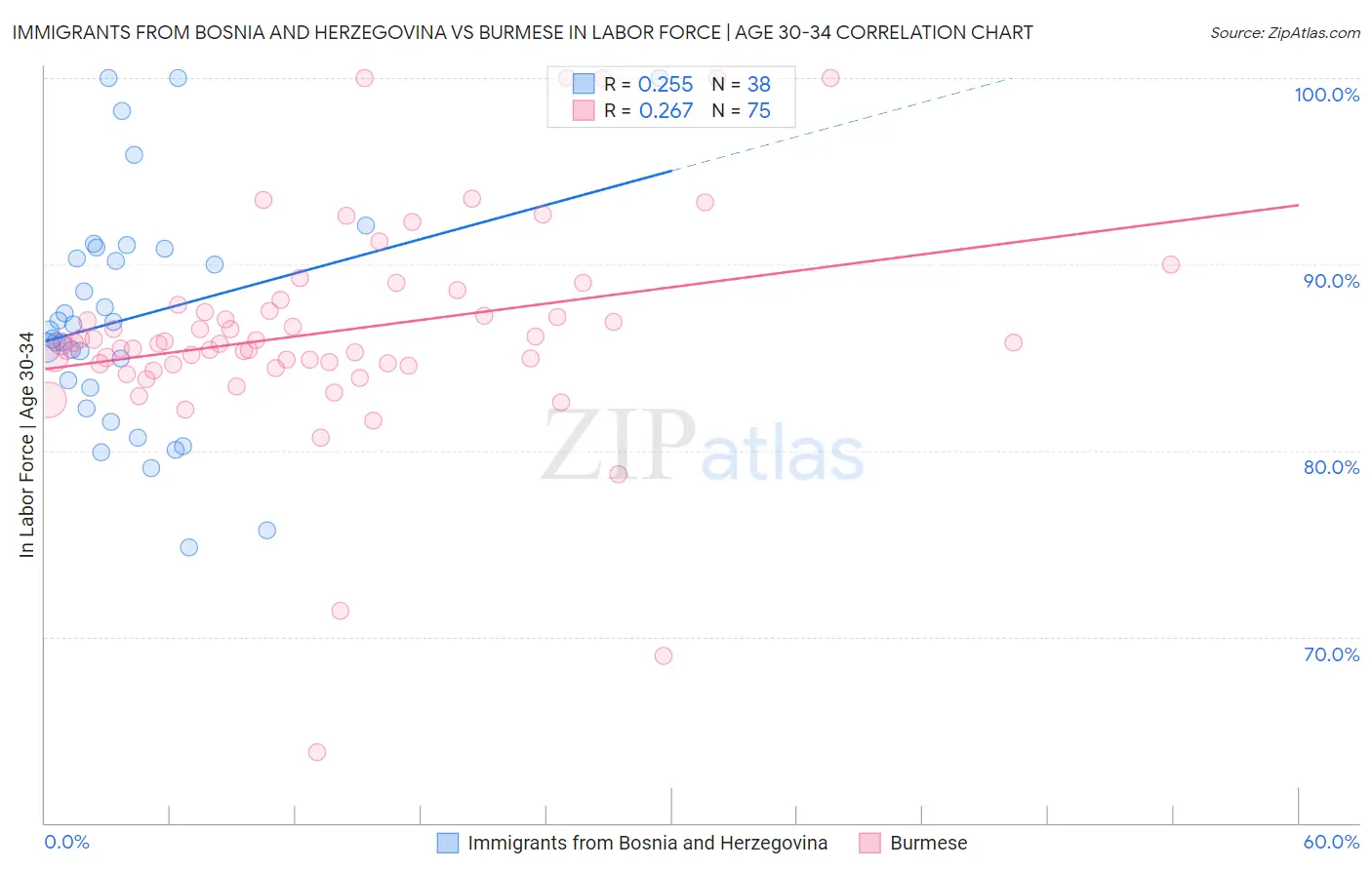 Immigrants from Bosnia and Herzegovina vs Burmese In Labor Force | Age 30-34
