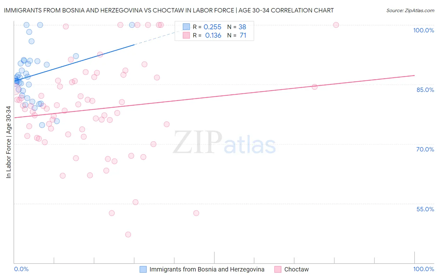Immigrants from Bosnia and Herzegovina vs Choctaw In Labor Force | Age 30-34