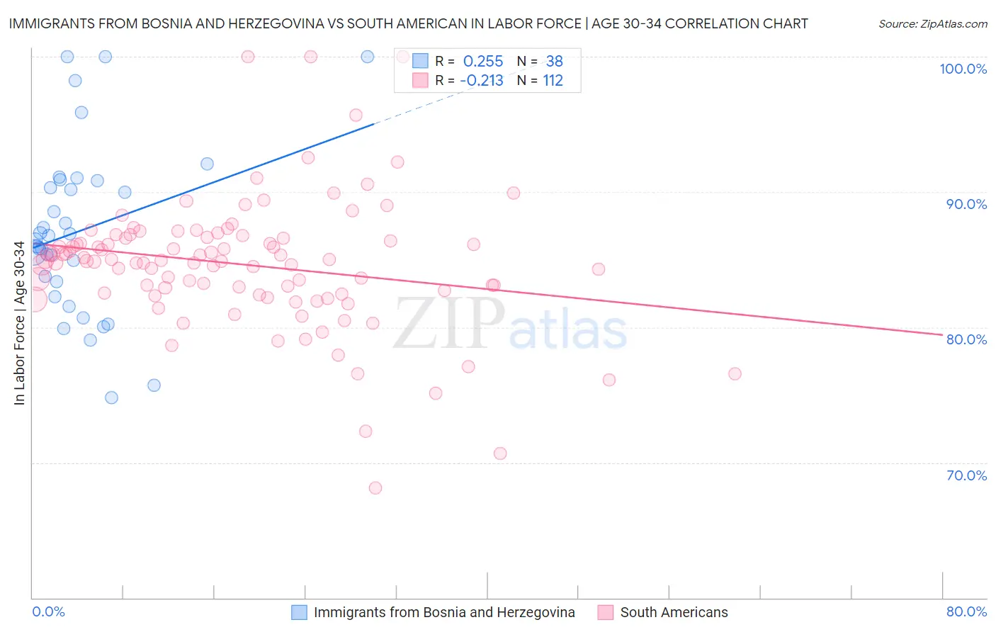 Immigrants from Bosnia and Herzegovina vs South American In Labor Force | Age 30-34