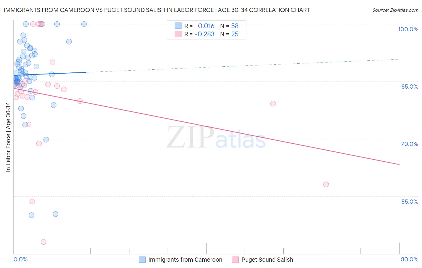 Immigrants from Cameroon vs Puget Sound Salish In Labor Force | Age 30-34