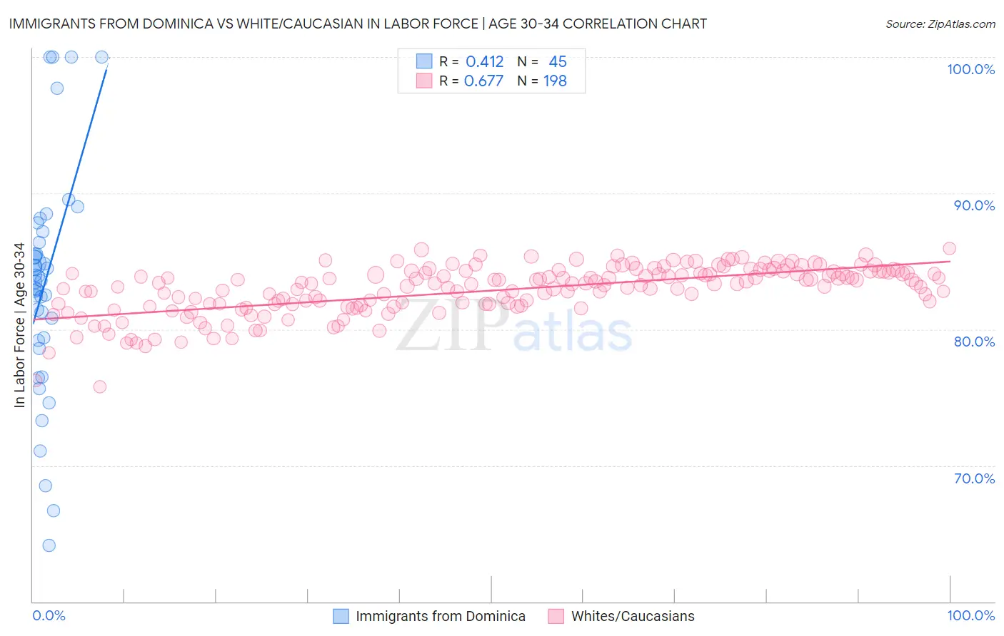 Immigrants from Dominica vs White/Caucasian In Labor Force | Age 30-34