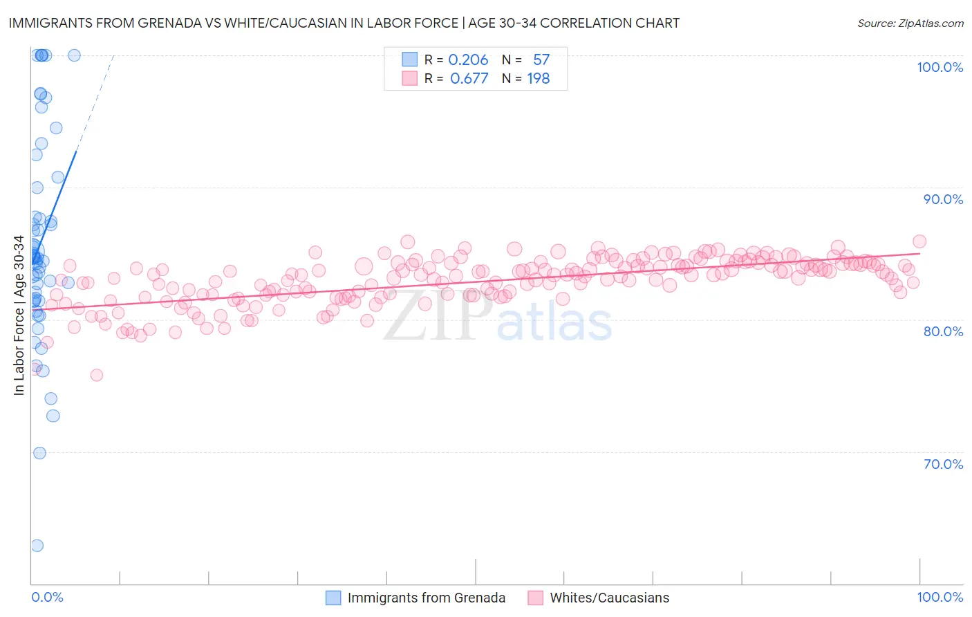 Immigrants from Grenada vs White/Caucasian In Labor Force | Age 30-34