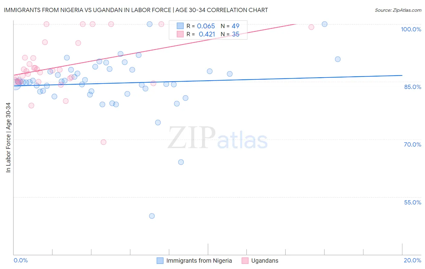 Immigrants from Nigeria vs Ugandan In Labor Force | Age 30-34