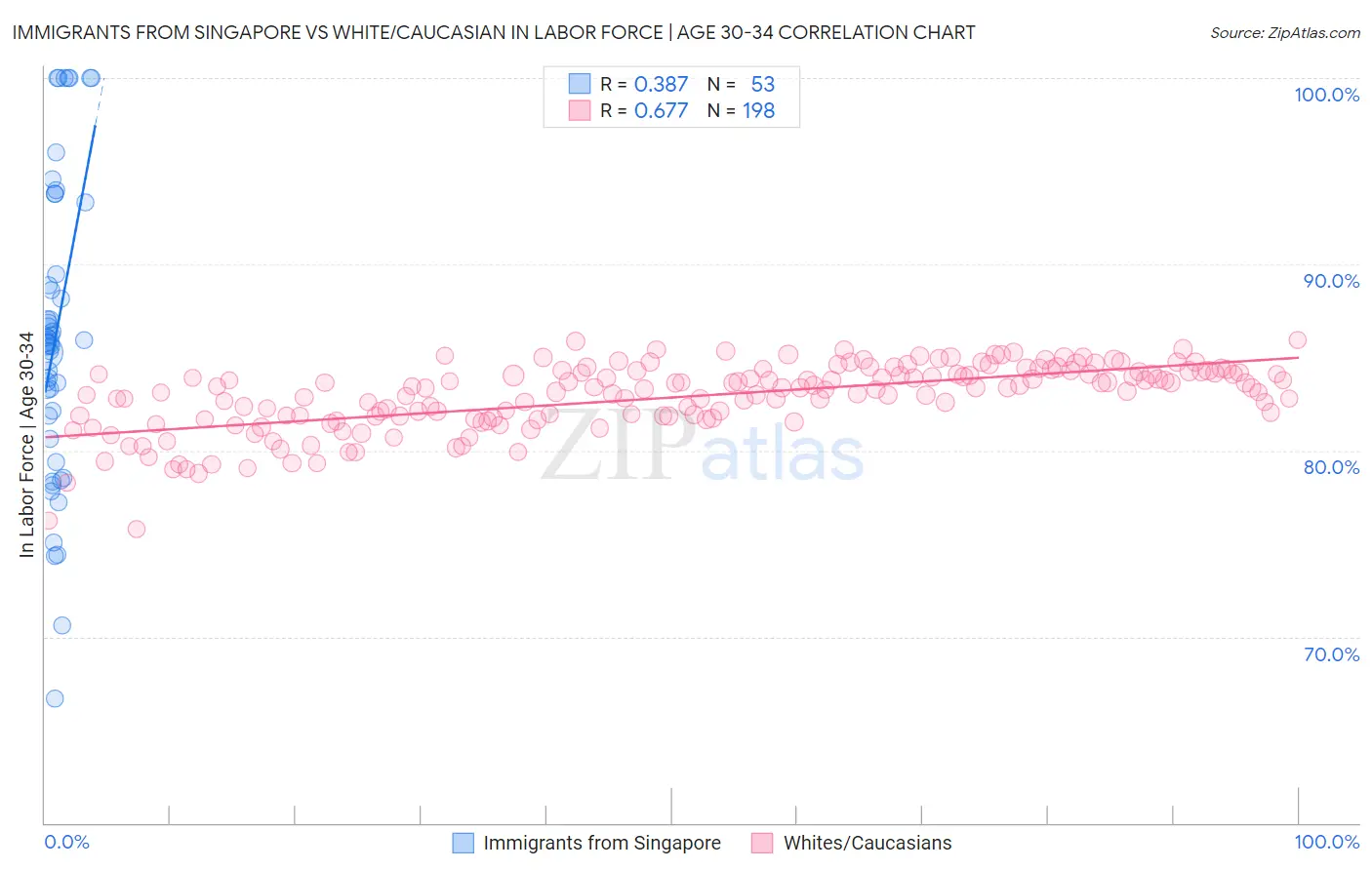 Immigrants from Singapore vs White/Caucasian In Labor Force | Age 30-34