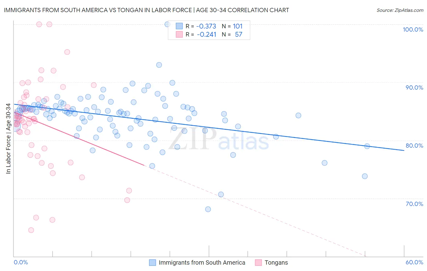 Immigrants from South America vs Tongan In Labor Force | Age 30-34