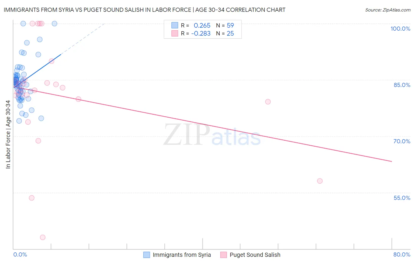 Immigrants from Syria vs Puget Sound Salish In Labor Force | Age 30-34