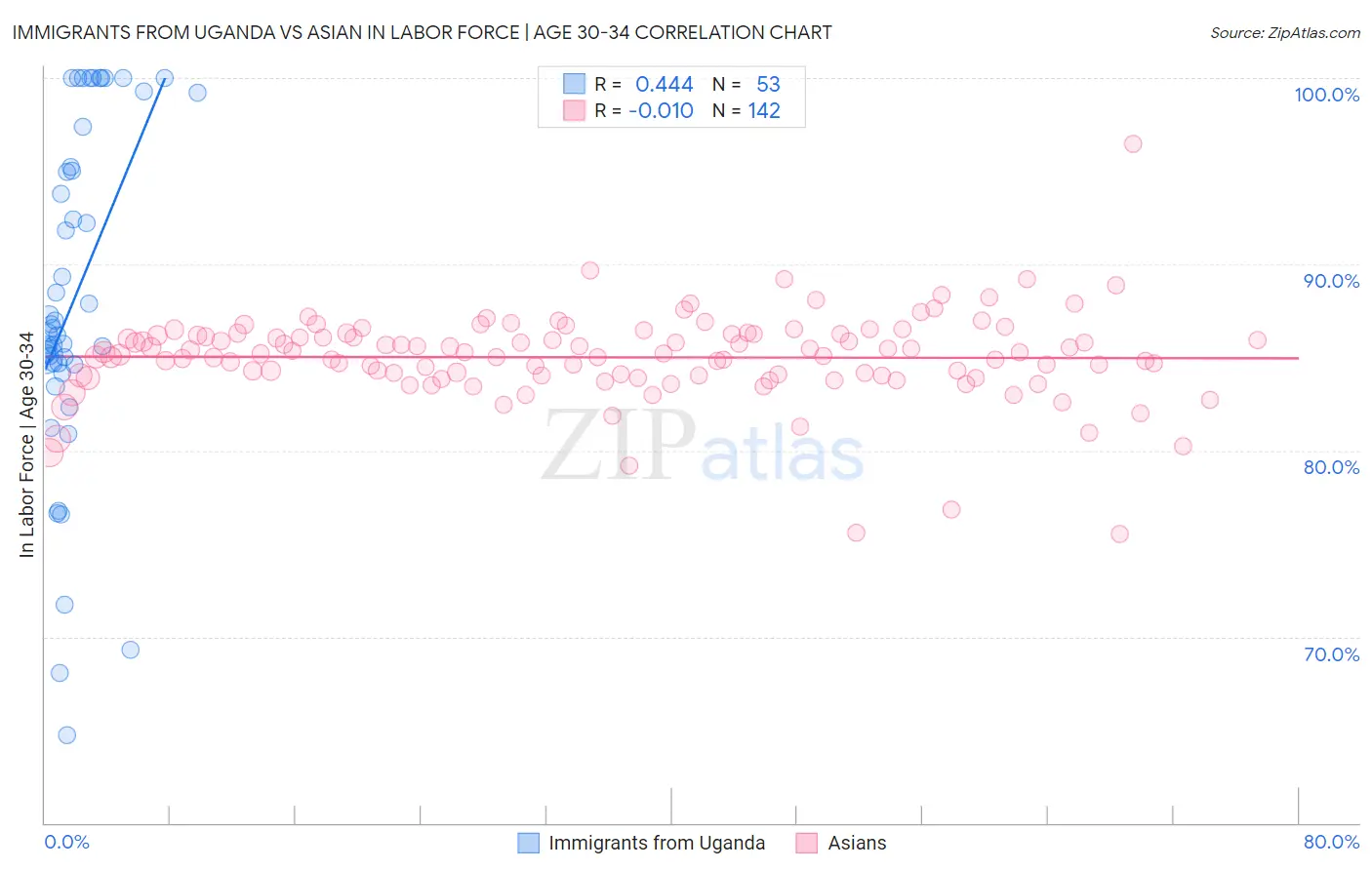 Immigrants from Uganda vs Asian In Labor Force | Age 30-34