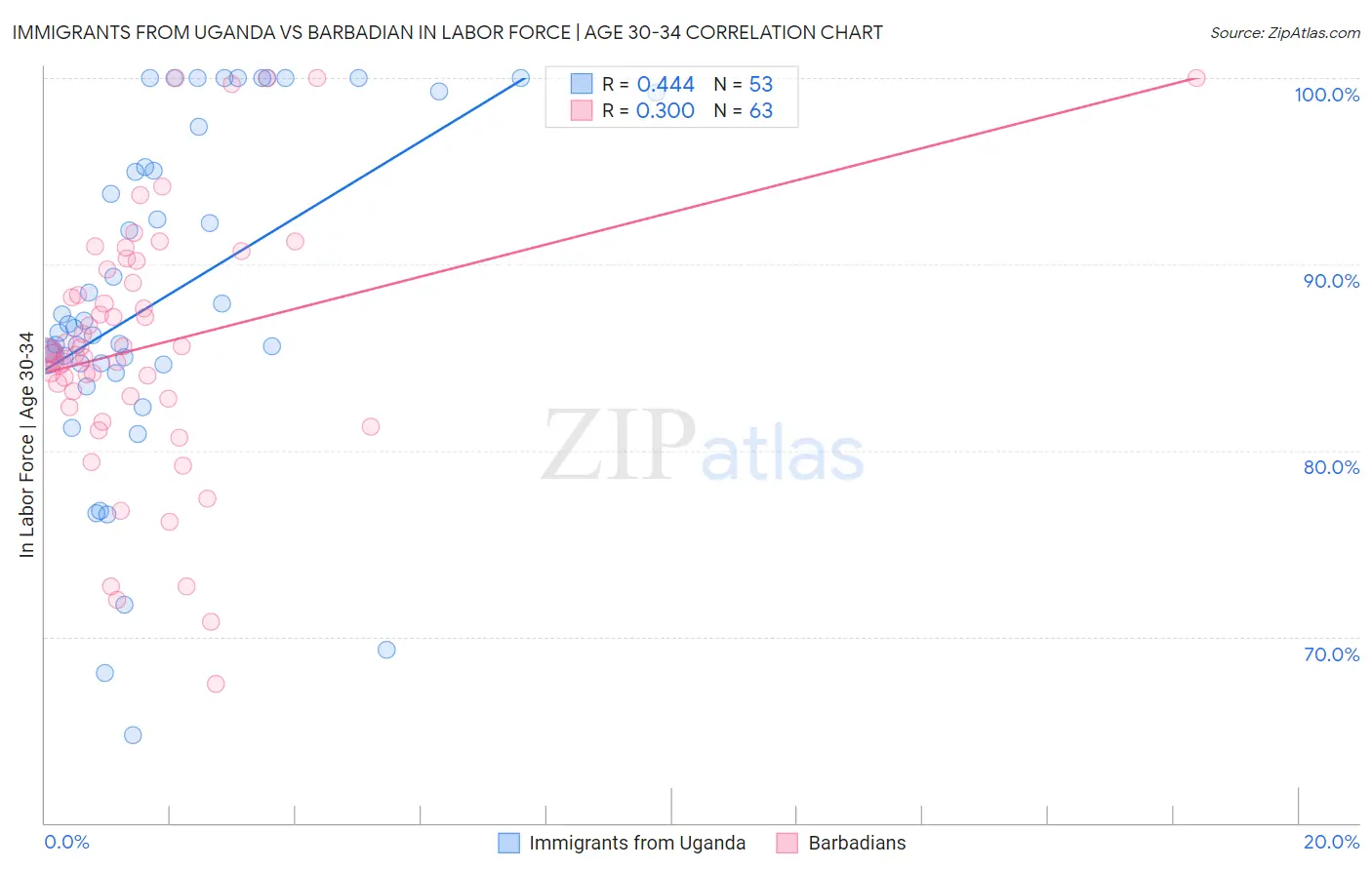 Immigrants from Uganda vs Barbadian In Labor Force | Age 30-34