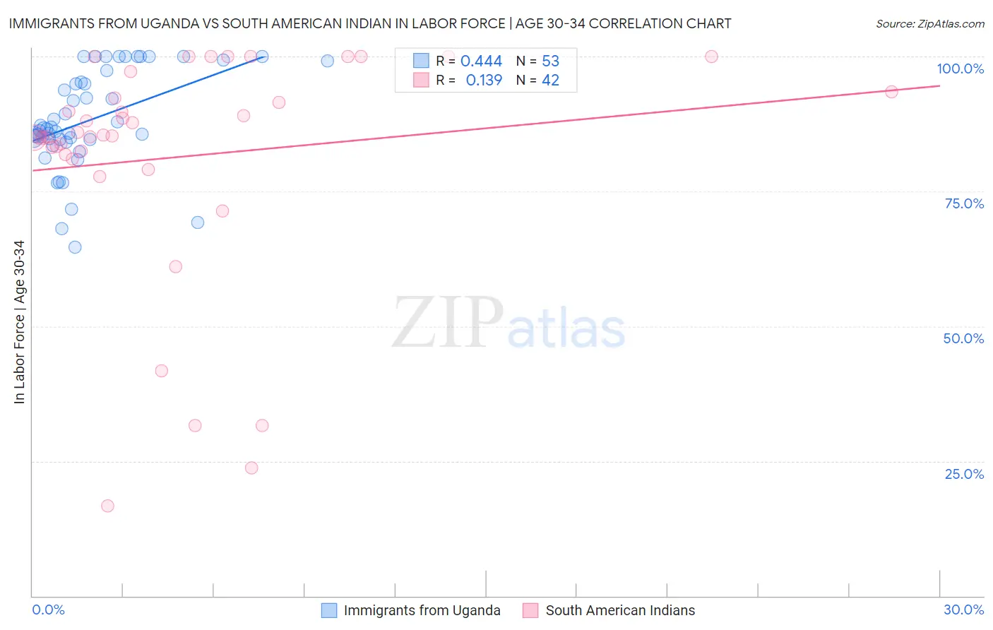 Immigrants from Uganda vs South American Indian In Labor Force | Age 30-34