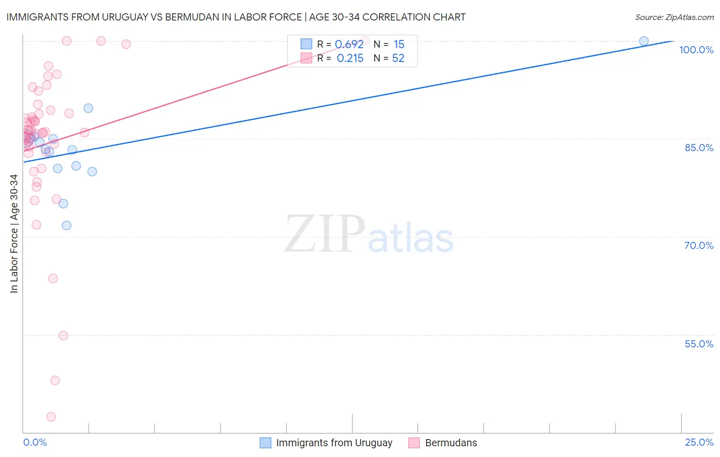 Immigrants from Uruguay vs Bermudan In Labor Force | Age 30-34