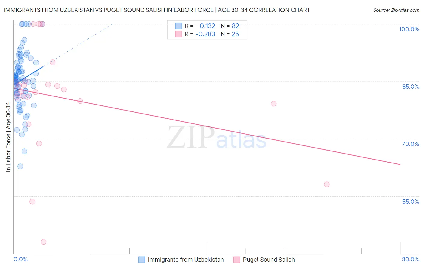 Immigrants from Uzbekistan vs Puget Sound Salish In Labor Force | Age 30-34