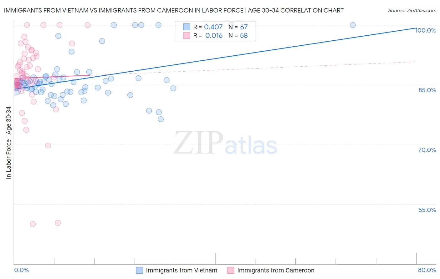 Immigrants from Vietnam vs Immigrants from Cameroon In Labor Force | Age 30-34