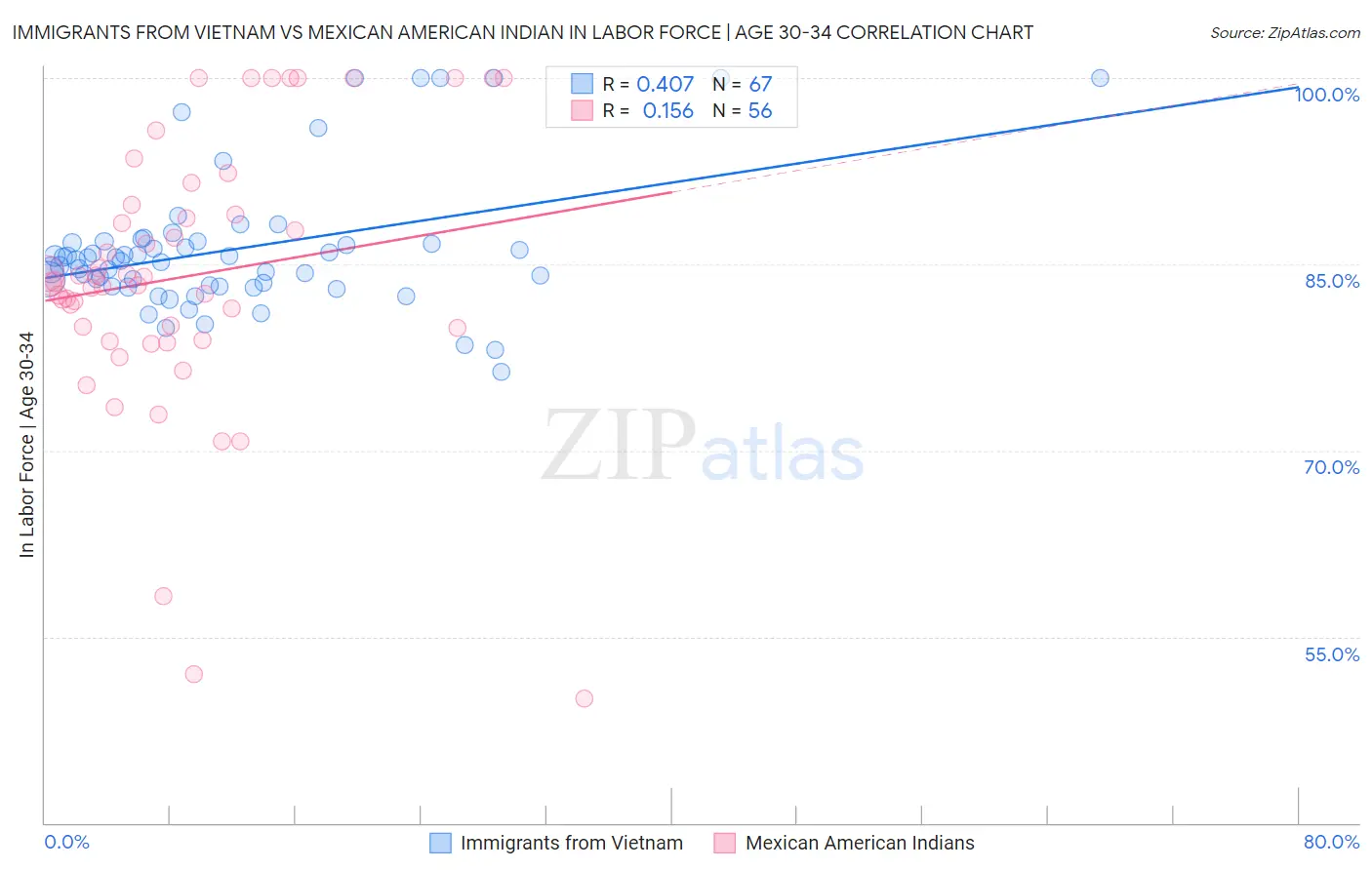 Immigrants from Vietnam vs Mexican American Indian In Labor Force | Age 30-34