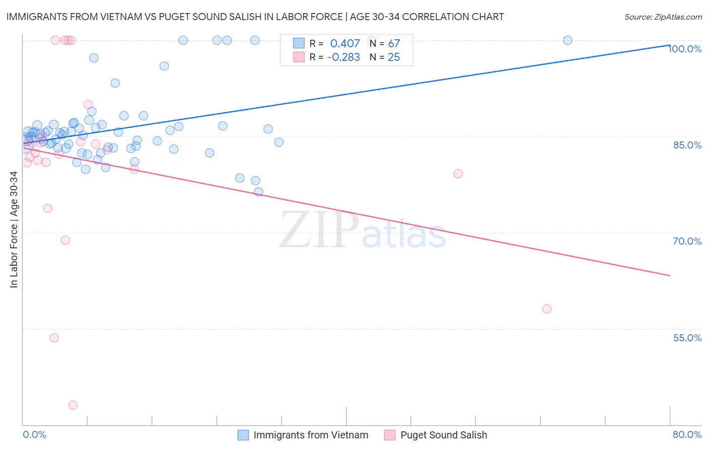 Immigrants from Vietnam vs Puget Sound Salish In Labor Force | Age 30-34