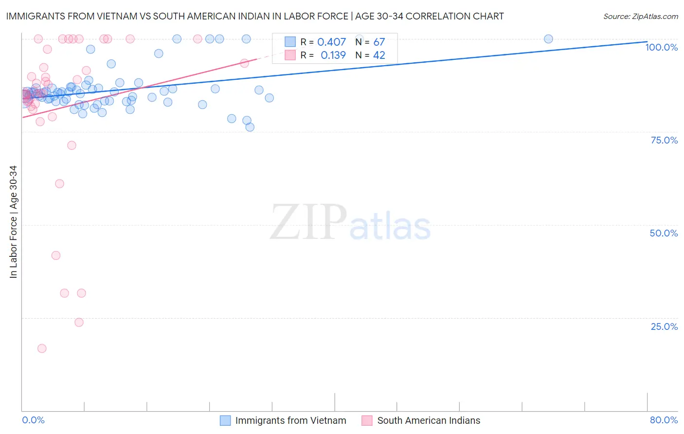 Immigrants from Vietnam vs South American Indian In Labor Force | Age 30-34