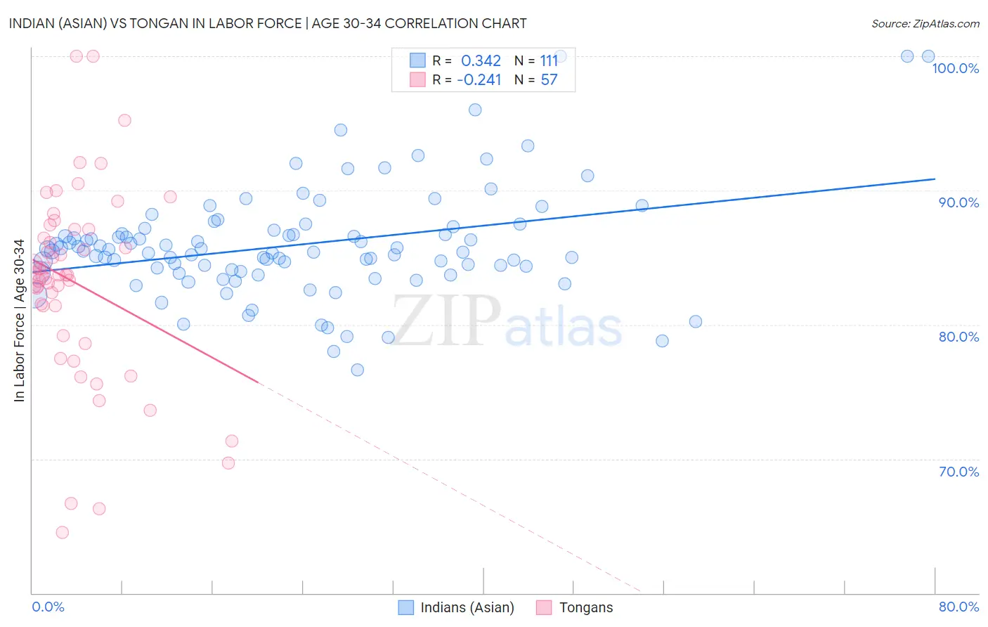Indian (Asian) vs Tongan In Labor Force | Age 30-34